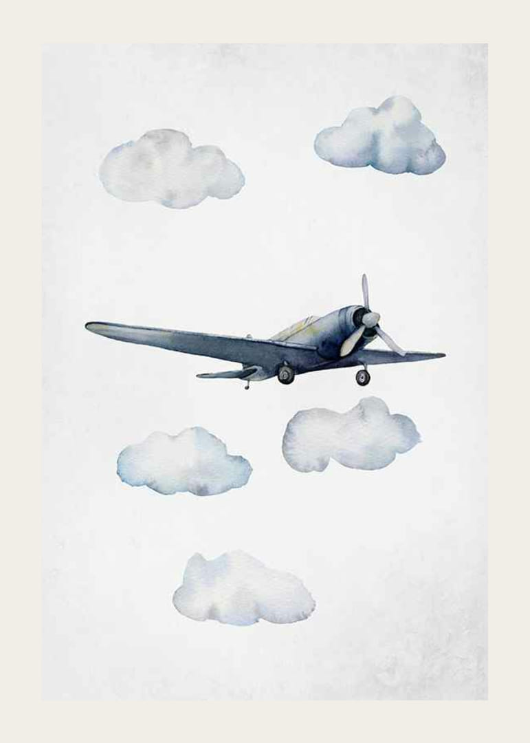 Akvarell kék repülőgépről a felhők között, világos háttéren-12