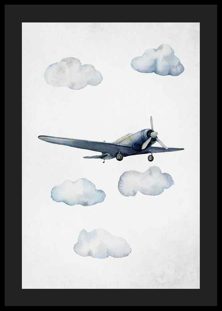 Akvarell kék repülőgépről a felhők között, világos háttéren-12