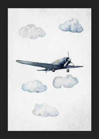 Akvarell kék repülőgépről a felhők között, világos háttéren-5