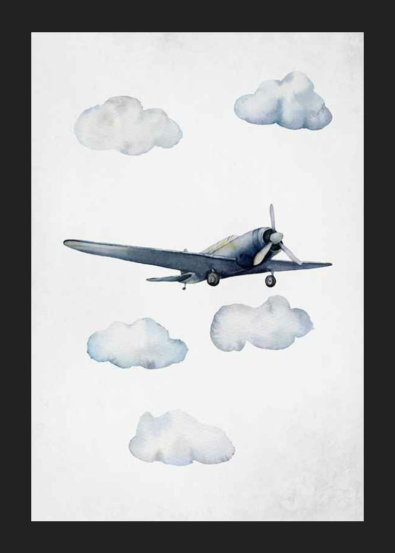 Akvarell kék repülőgépről a felhők között, világos háttéren-12