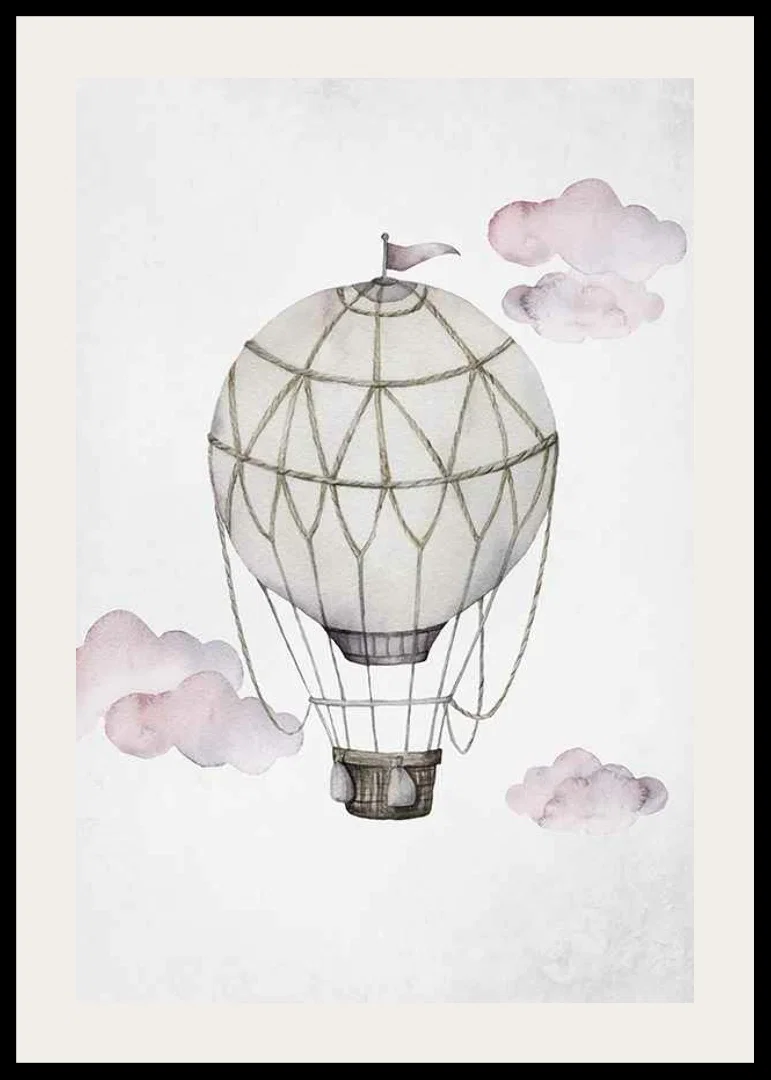 Watercolor illustration of hot air balloon among pink clouds-12