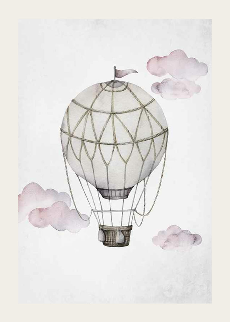 Aquarell-Illustration eines Heißluftballons zwischen rosa Wolken-12