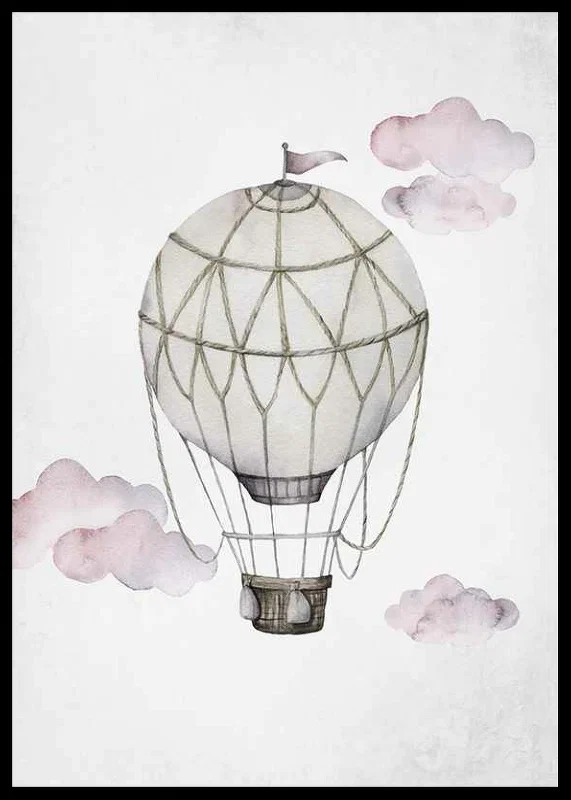 Watercolor illustration of hot air balloon among pink clouds-12