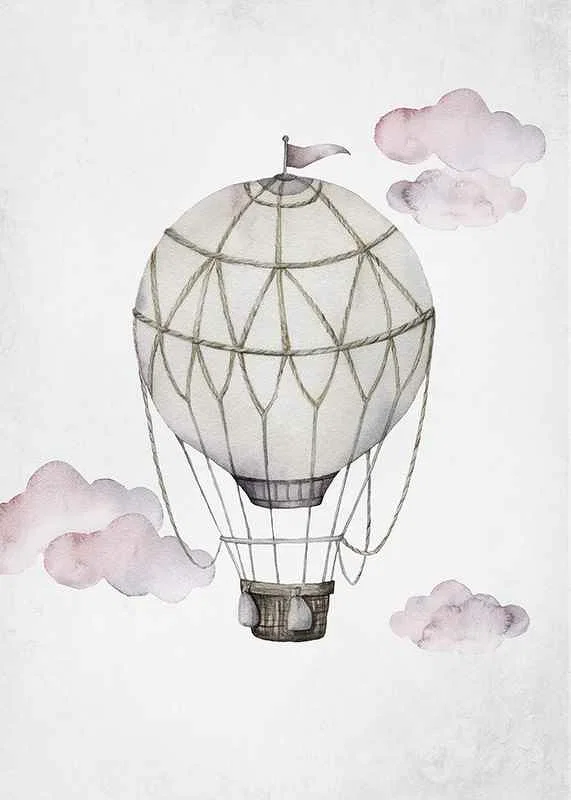 Watercolor illustration of hot air balloon among pink clouds-12