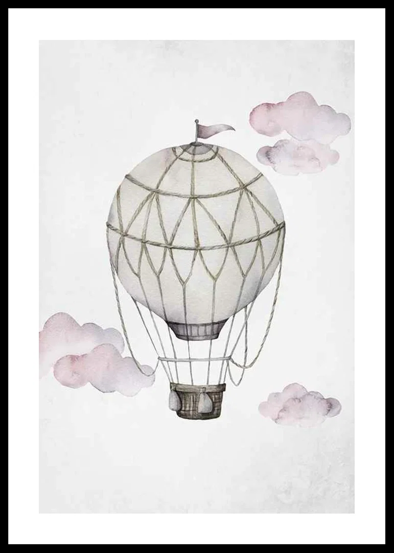 Watercolor illustration of hot air balloon among pink clouds-12