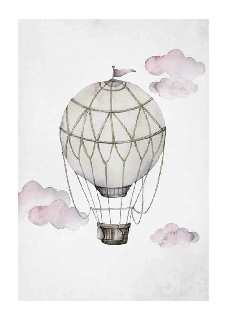 Watercolor illustration of hot air balloon among pink clouds-12