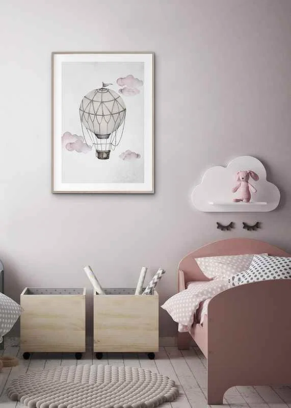 Watercolor illustration of hot air balloon among pink clouds-12