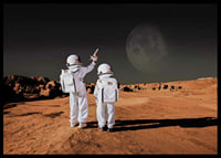 Two children in astronaut suits on red desert against dark sky-6
