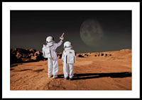 Two children in astronaut suits on red desert against dark sky-0