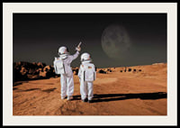 Two children in astronaut suits on red desert against dark sky-2