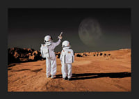 Two children in astronaut suits on red desert against dark sky-5