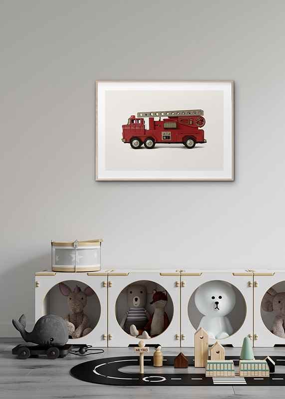 Retro toy fire truck in red against light background-12