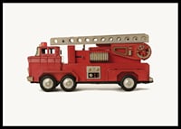 Retro toy fire truck in red against light background-6