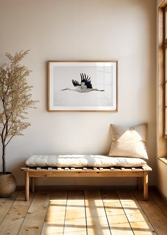 Watercolor of flying stork with black wings on light background-12