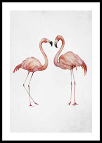 Akvarell av två rosa flamingos mot ljus grå bakgrund-0