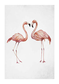Akvarell av två rosa flamingos mot ljus grå bakgrund-1