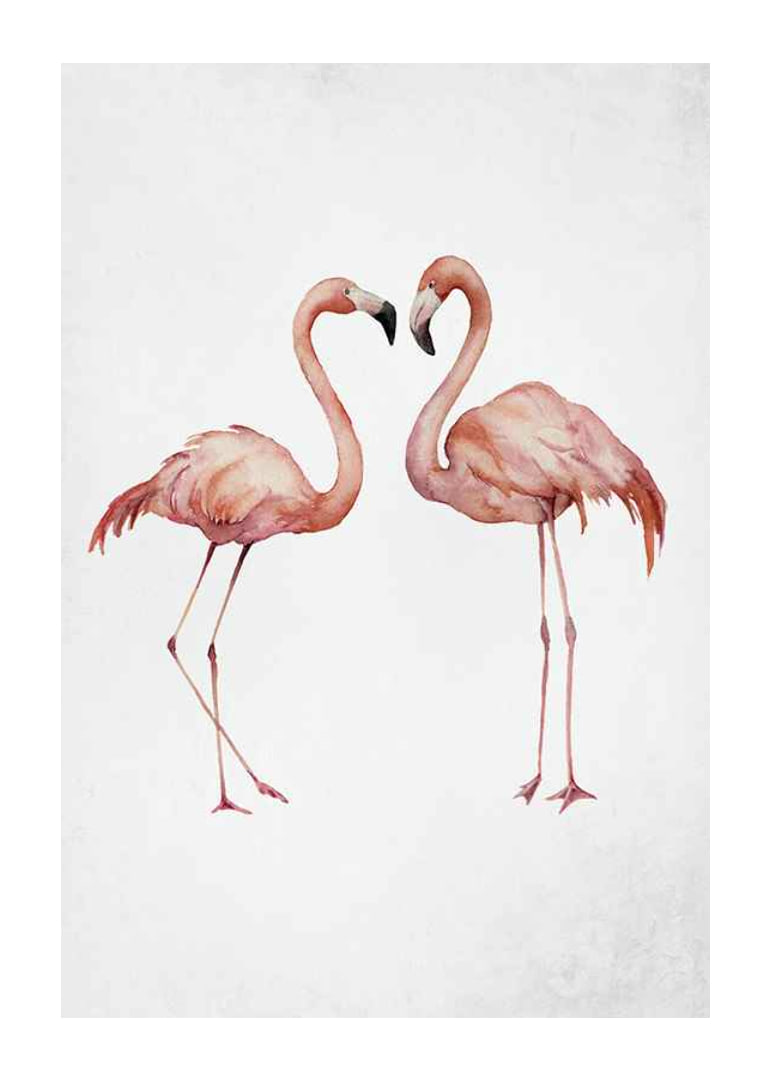 Akvarell av två rosa flamingos mot ljus grå bakgrund-12