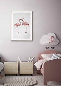 Akvarell av två rosa flamingos mot ljus grå bakgrund-8