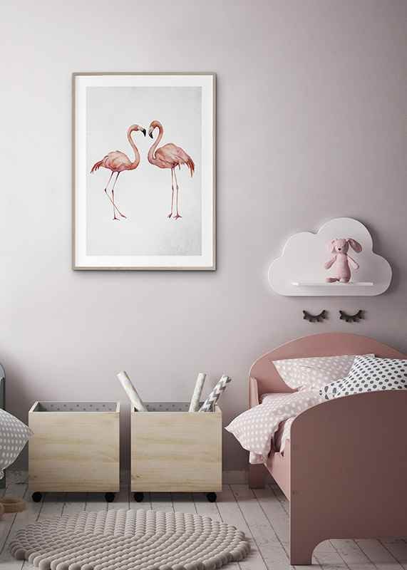 Akvarell av två rosa flamingos mot ljus grå bakgrund-12