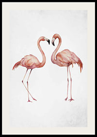 Akvarell av två rosa flamingos mot ljus grå bakgrund-2
