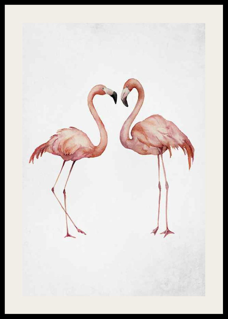 Akvarell av två rosa flamingos mot ljus grå bakgrund-12