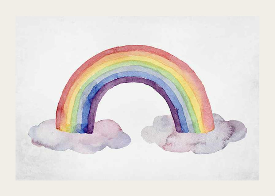 Akvarellmålad regnbåge i pastellfärger med två moln-12