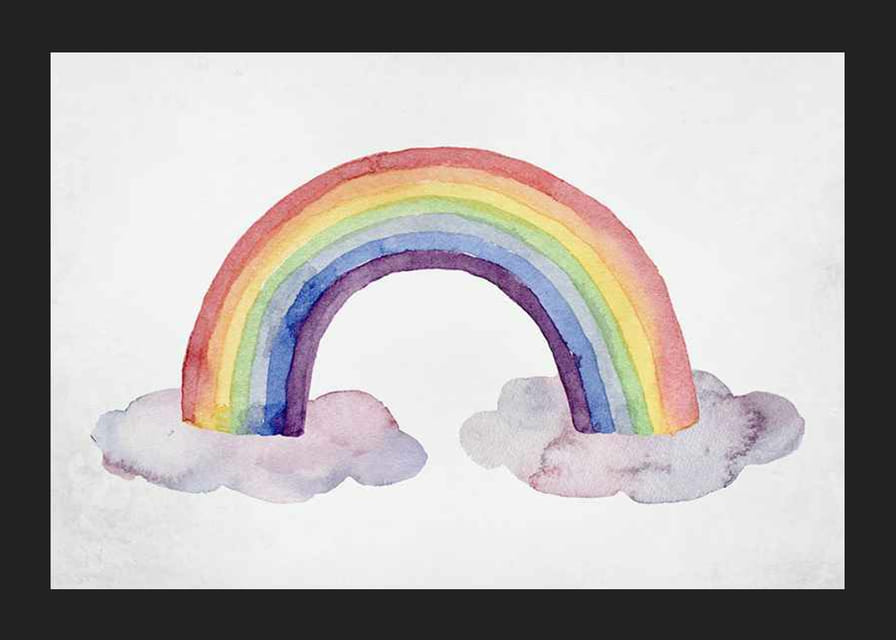 Akvarellmålad regnbåge i pastellfärger med två moln-12
