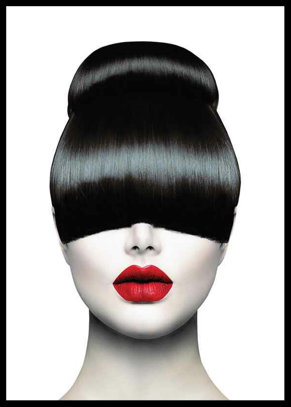 Photographic portrait of woman with black bangs and red lips-12