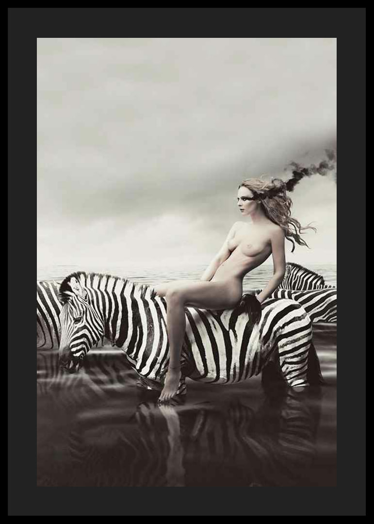 Surreal nude woman on zebra in black and white tones-12