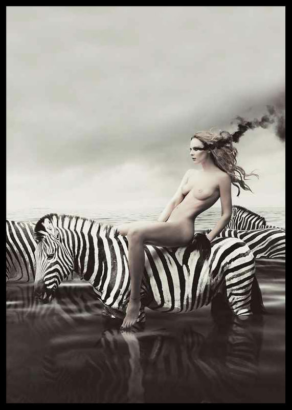 Surreal nude woman on zebra in black and white tones-12