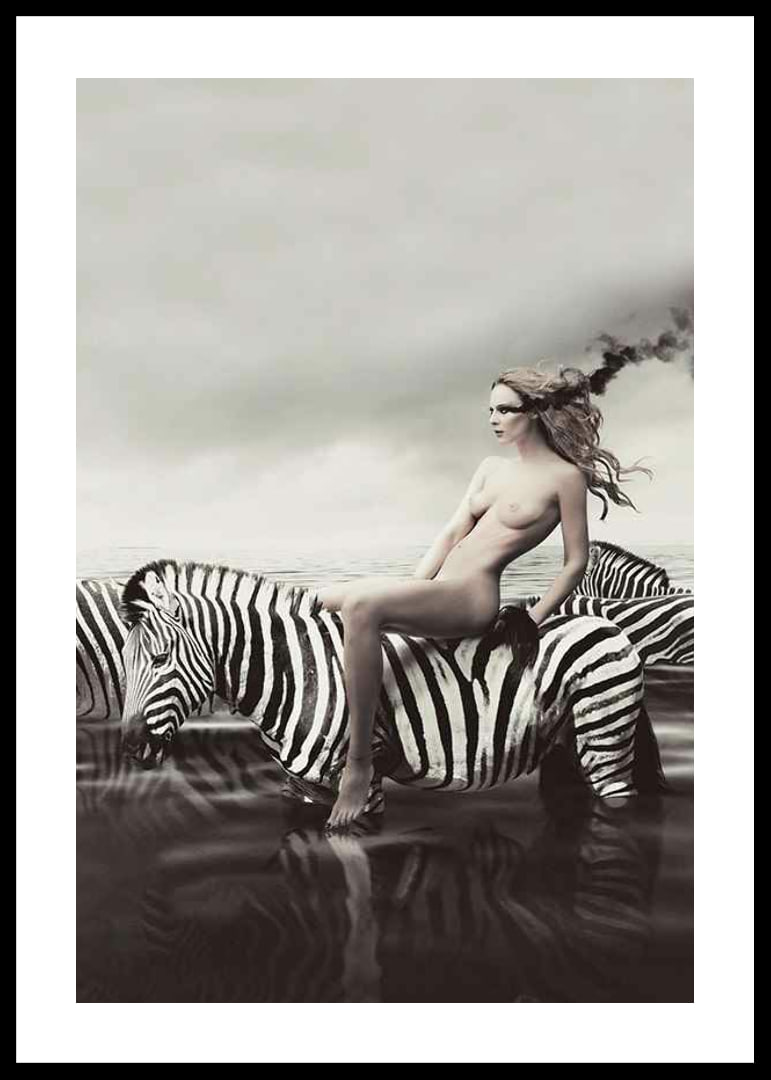 Surreal nude woman on zebra in black and white tones-12