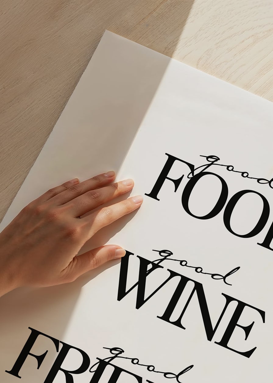 Minimalist text with the words good food, wine, friends, times-12