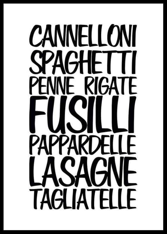 Schwarzer handgeschriebener Text mit Namen von sieben Pastasorten-12