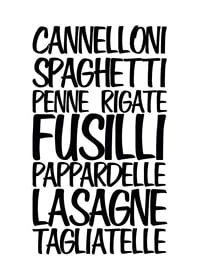 Schwarzer handgeschriebener Text mit Namen von sieben Pastasorten-1