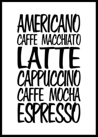 Black handwritten text with six coffee drinks on white background-0