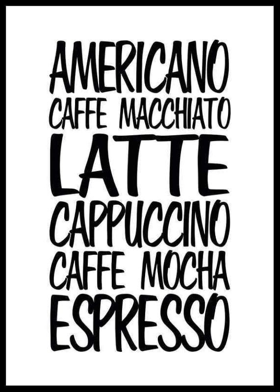 Black handwritten text with six coffee drinks on white background-12