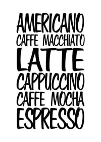 Black handwritten text with six coffee drinks on white background-1