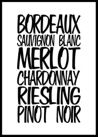 Black and white text illustration with six wine types in handwritten style-0