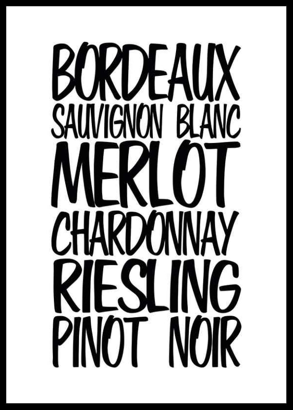 Black and white text illustration with six wine types in handwritten style-12