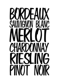 Black and white text illustration with six wine types in handwritten style-1