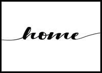 Svart ordet ”home” i modern handskriven stil på vit bakgrund-0