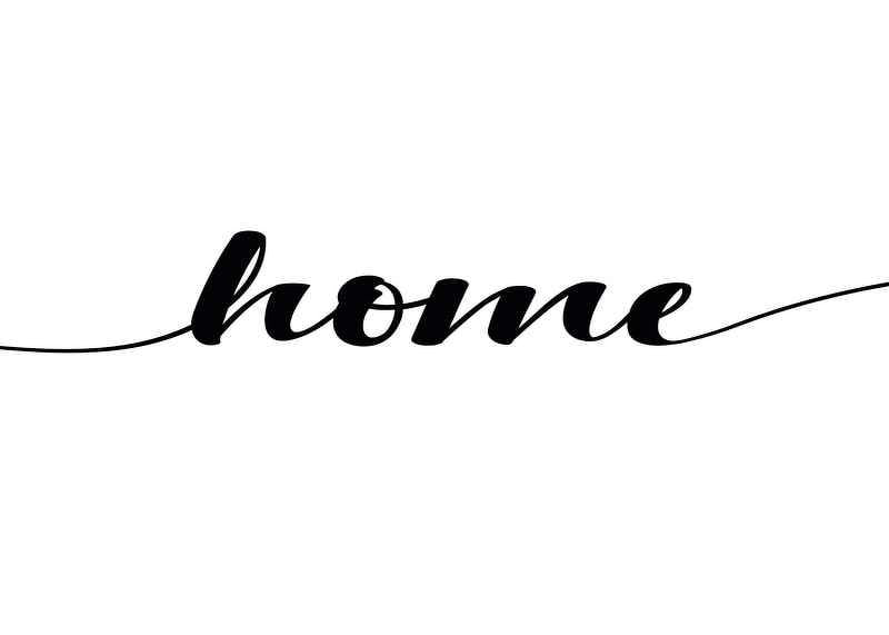 Svart ordet ”home” i modern handskriven stil på vit bakgrund-12