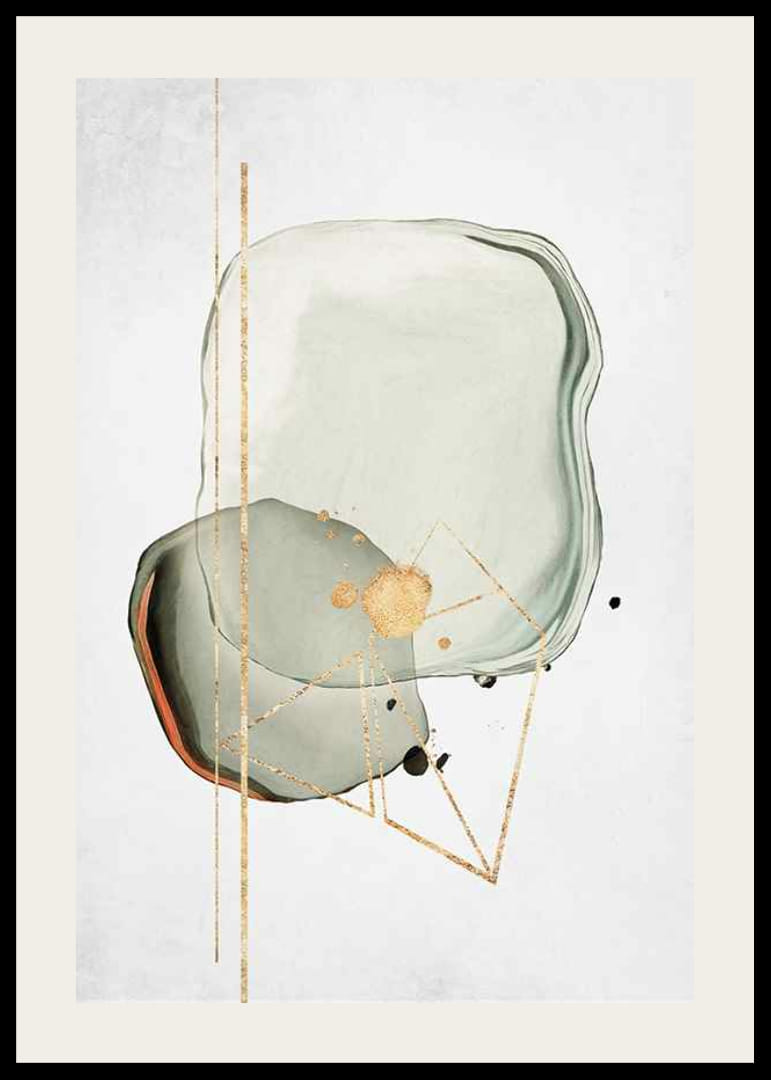 Abstraktný akvarel so zelenými tvarmi a zlatými detailmi-12