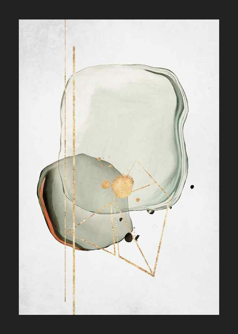 Abstraktný akvarel so zelenými tvarmi a zlatými detailmi-12