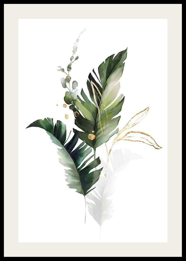 Watercolor of green leaves and gold details on white background-12