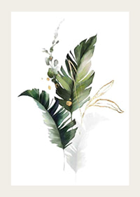 Watercolor of green leaves and gold details on white background-3