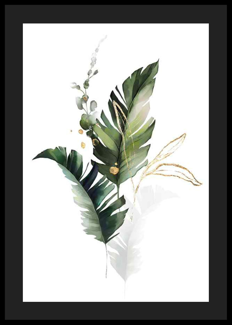 Watercolor of green leaves and gold details on white background-12