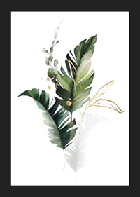 Watercolor of green leaves and gold details on white background-5