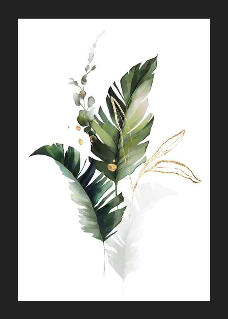Watercolor of green leaves and gold details on white background-12