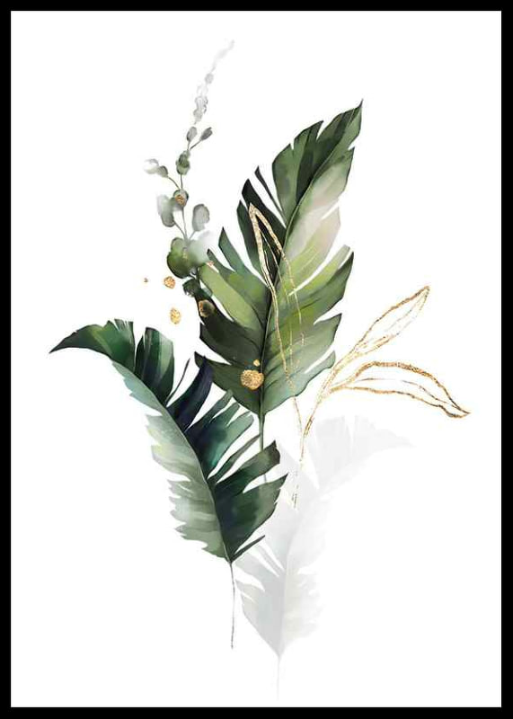 Watercolor of green leaves and gold details on white background-12